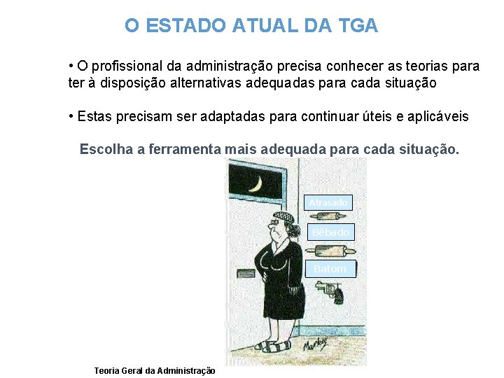 O ESTADO ATUAL DA TGA • O profissional da administração precisa conhecer as teorias