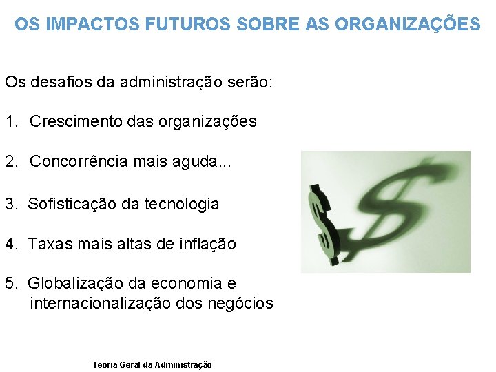 OS IMPACTOS FUTUROS SOBRE AS ORGANIZAÇÕES Os desafios da administração serão: 1. Crescimento das