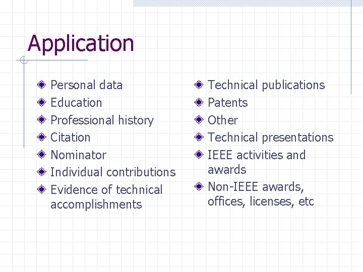 Application Personal data Education Professional history Citation Nominator Individual contributions Evidence of technical accomplishments