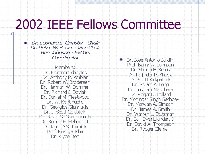 2002 IEEE Fellows Committee Dr. Leonard L. Grigsby - Chair Dr. Peter W. Sauer
