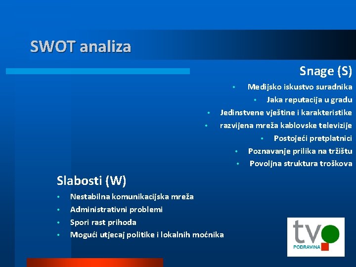 SWOT analiza Snage (S) Medijsko iskustvo suradnika • Jaka reputacija u gradu Jedinstvene vještine