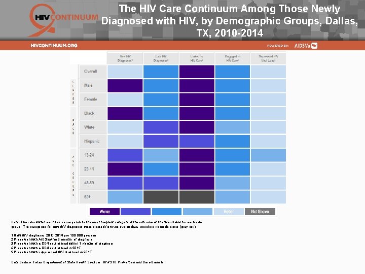 The HIV Care Continuum Among Those Newly Diagnosed with HIV, by Demographic Groups, Dallas,