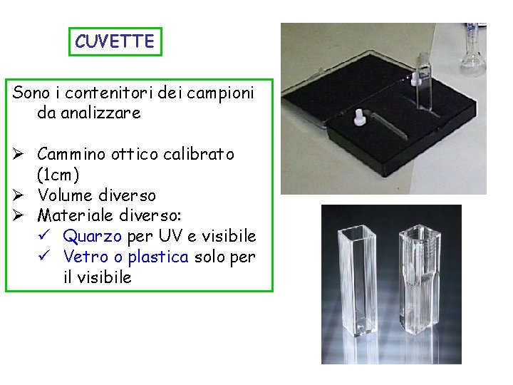 CUVETTE Sono i contenitori dei campioni da analizzare Ø Cammino ottico calibrato (1 cm)
