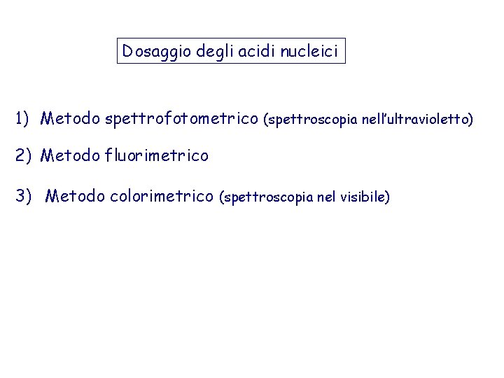 Dosaggio degli acidi nucleici 1) Metodo spettrofotometrico (spettroscopia nell’ultravioletto) 2) Metodo fluorimetrico 3) Metodo