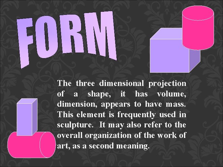 The three dimensional projection of a shape, it has volume, dimension, appears to have