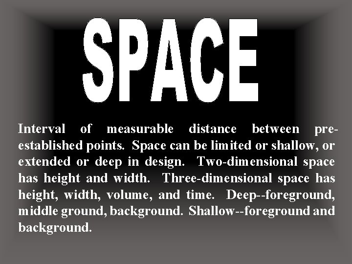 Interval of measurable distance between preestablished points. Space can be limited or shallow, or