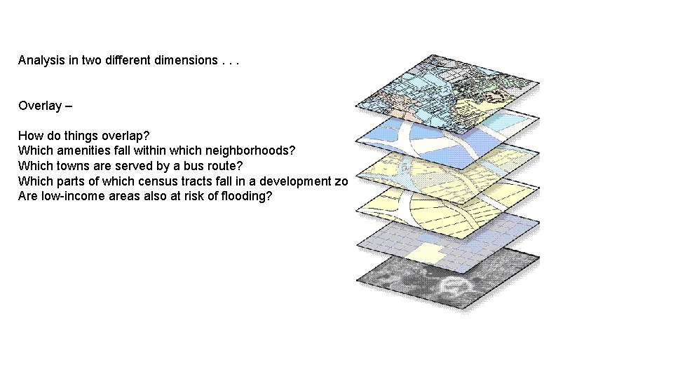 Analysis in two different dimensions. . . Overlay – How do things overlap? Which