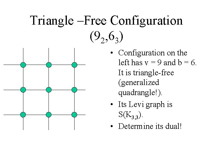 Triangle –Free Configuration (92, 63) • Configuration on the left has v = 9