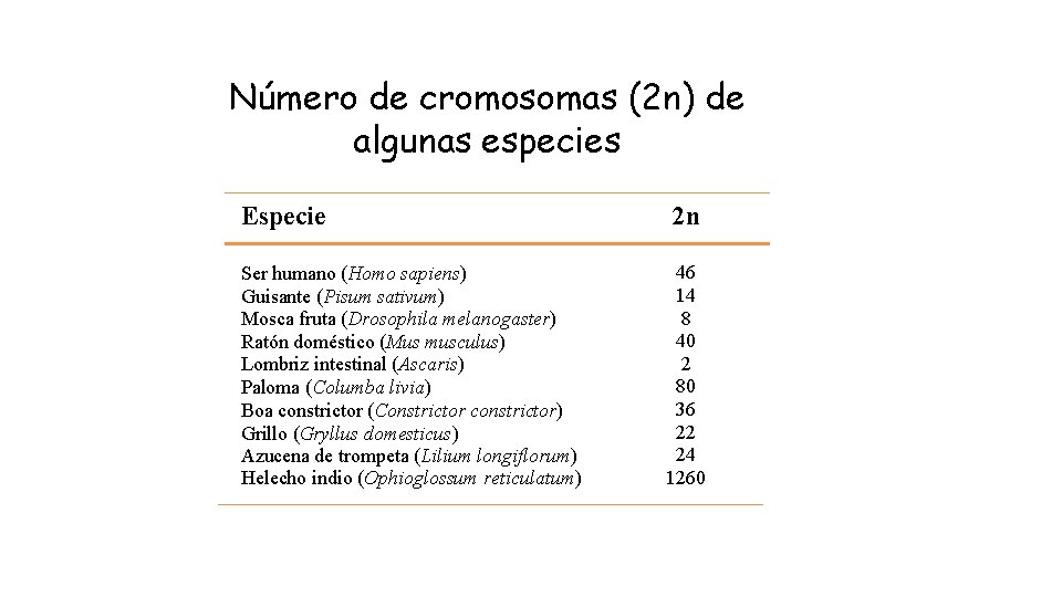 Número de cromosomas (2 n) de algunas especies Especie 2 n Ser humano (Homo