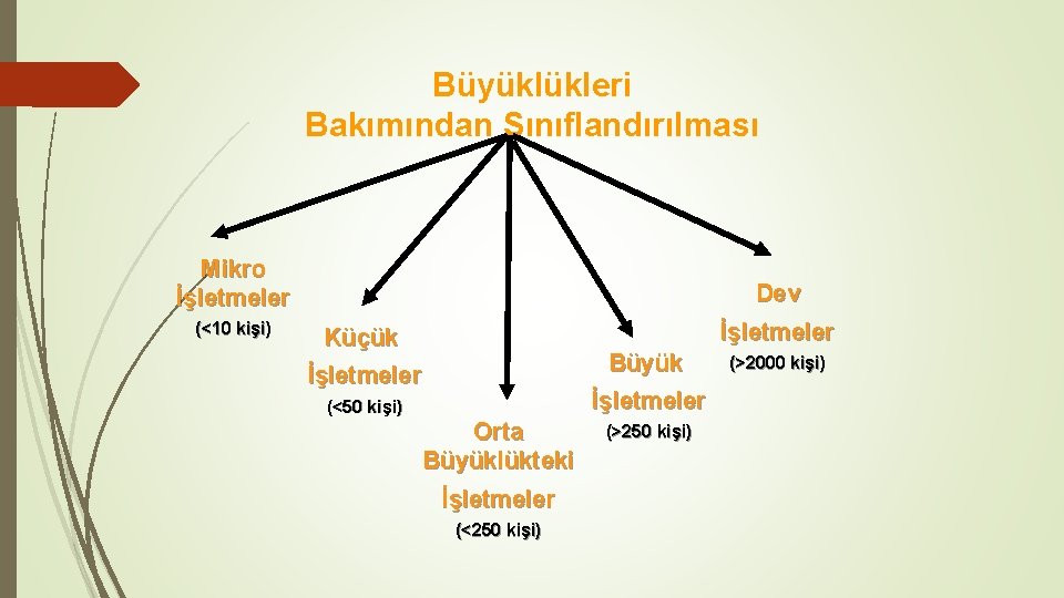 Büyüklükleri Bakımından Sınıflandırılması Mikro İşletmeler (<10 kişi) Dev İşletmeler Küçük Büyük İşletmeler (<50 kişi)