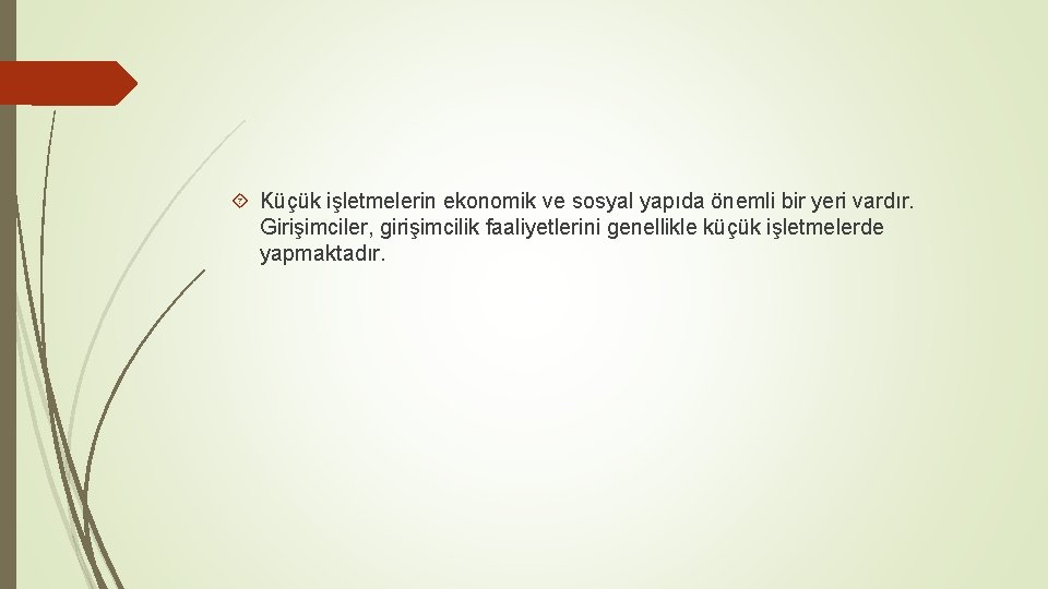  Küçük işletmelerin ekonomik ve sosyal yapıda önemli bir yeri vardır. Girişimciler, girişimcilik faaliyetlerini