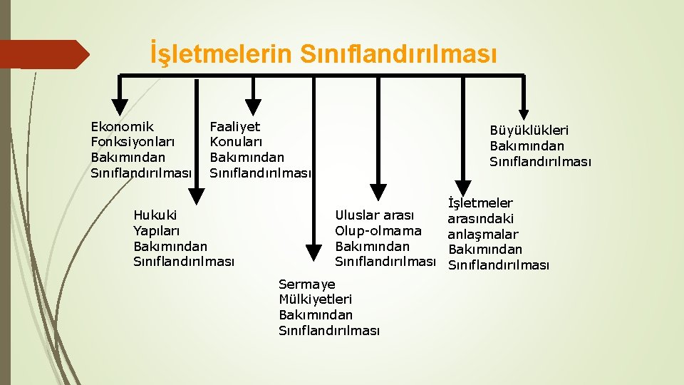 İşletmelerin Sınıflandırılması Ekonomik Fonksiyonları Bakımından Sınıflandırılması Faaliyet Konuları Bakımından Sınıflandırılması Hukuki Yapıları Bakımından Sınıflandırılması