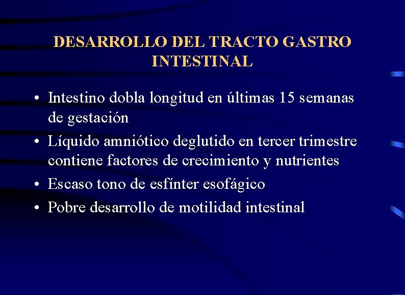 DESARROLLO DEL TRACTO GASTRO INTESTINAL • Intestino dobla longitud en últimas 15 semanas de