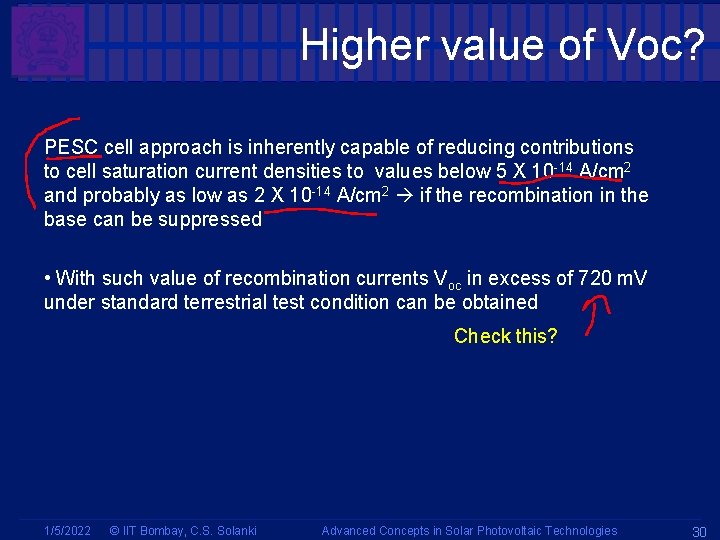 Higher value of Voc? PESC cell approach is inherently capable of reducing contributions to Higher value of Voc? PESC cell approach is inherently capable of reducing contributions to