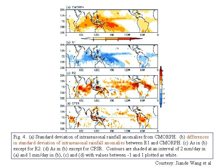 Fig. 4. (a) Standard deviation of intraseasonal rainfall anomalies from CMORPH. (b) differences in