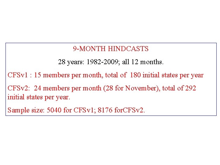 9 -MONTH HINDCASTS 28 years: 1982 -2009; all 12 months. CFSv 1 : 15