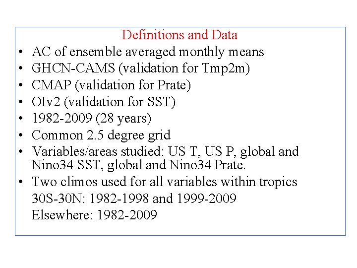  • • Definitions and Data AC of ensemble averaged monthly means GHCN-CAMS (validation