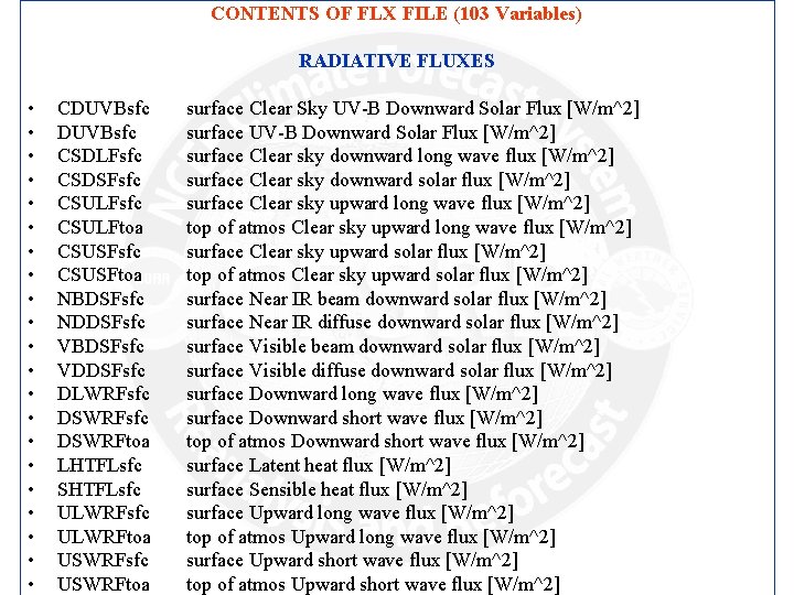 CONTENTS OF FLX FILE (103 Variables) RADIATIVE FLUXES • • • • • •