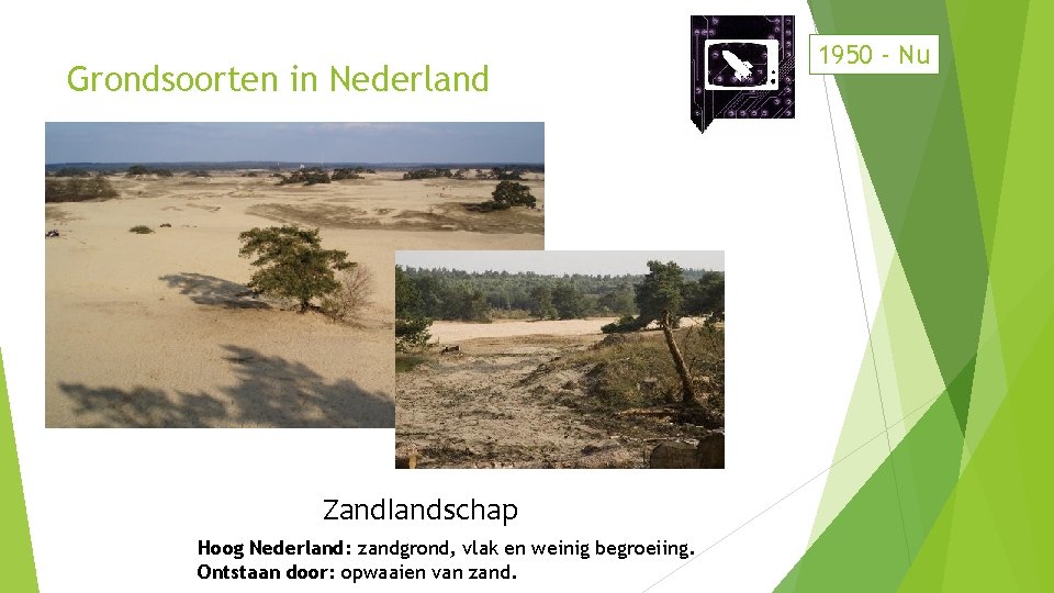 Grondsoorten in Nederland Zandlandschap Hoog Nederland: zandgrond, vlak en weinig begroeiing. Ontstaan door: opwaaien