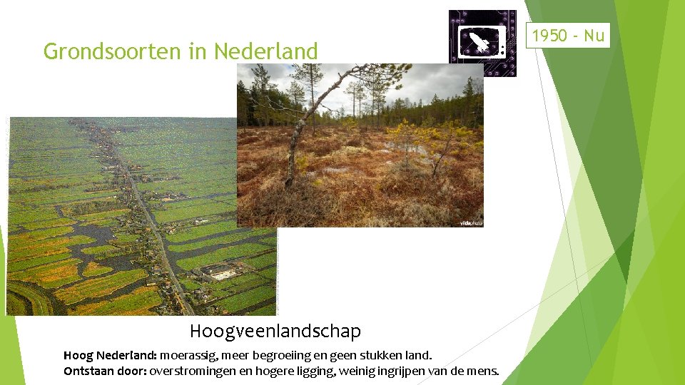 Grondsoorten in Nederland Hoogveenlandschap Hoog Nederland: moerassig, meer begroeiing en geen stukken land. Ontstaan