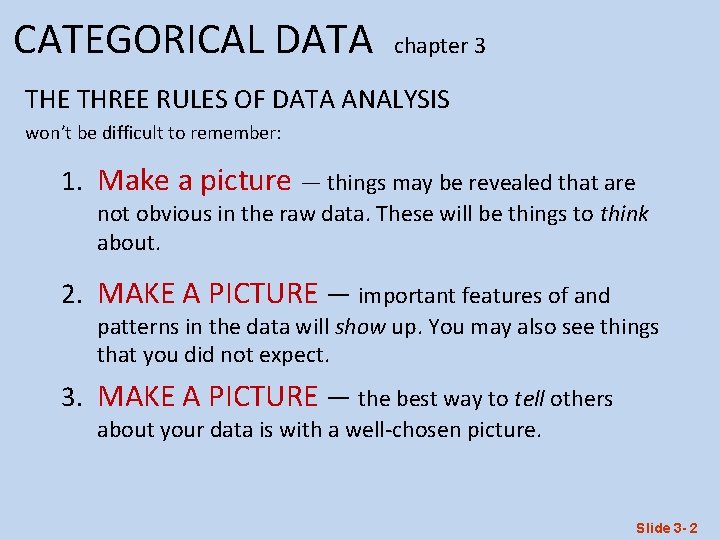 CATEGORICAL DATA chapter 3 THE THREE RULES OF DATA ANALYSIS won’t be difficult to