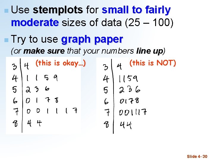 n n Use stemplots for small to fairly moderate sizes of data (25 –