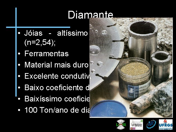Diamante • Jóias - altíssimo índice de refração (n=2, 54); • Ferramentas • Material
