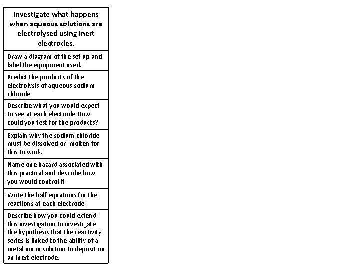 Investigate what happens when aqueous solutions are electrolysed using inert electrodes. Draw a diagram