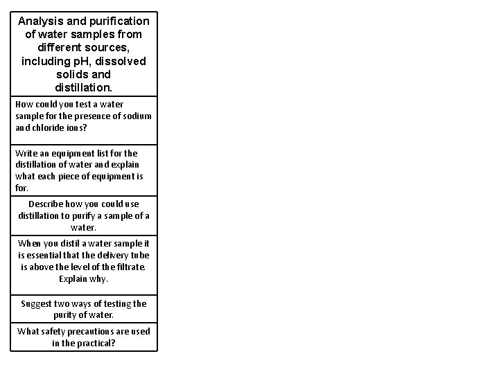 Analysis and purification of water samples from different sources, including p. H, dissolved solids
