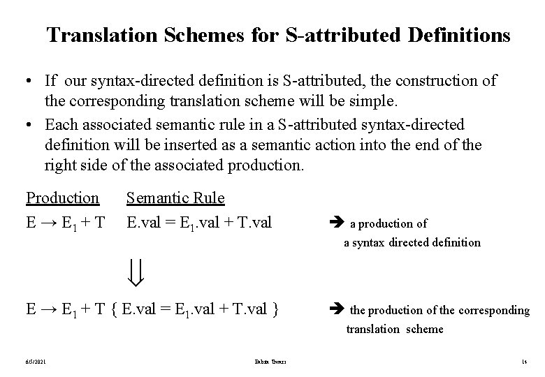 Translation Schemes for S-attributed Definitions • If our syntax-directed definition is S-attributed, the construction Translation Schemes for S-attributed Definitions • If our syntax-directed definition is S-attributed, the construction