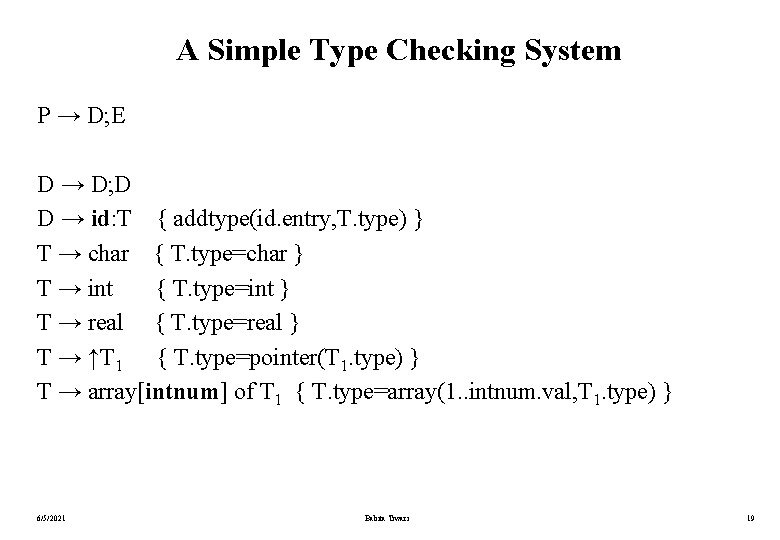 A Simple Type Checking System P → D; E D → D; D D A Simple Type Checking System P → D; E D → D; D D