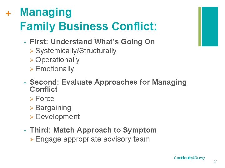+ Managing Family Business Conflict: • First: Understand What’s Going On Ø Systemically/Structurally Ø