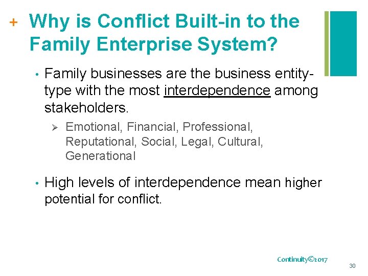 + Why is Conflict Built-in to the Family Enterprise System? • Family businesses are