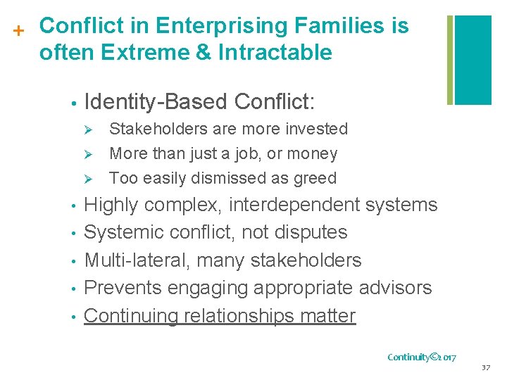 + Conflict in Enterprising Families is often Extreme & Intractable • Identity-Based Conflict: Ø