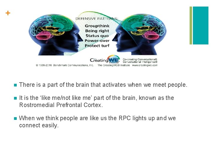 + n There is a part of the brain that activates when we meet