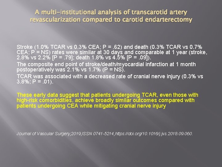 A multi-institutional analysis of transcarotid artery revascularization compared to carotid endarterectomy Stroke (1. 0%
