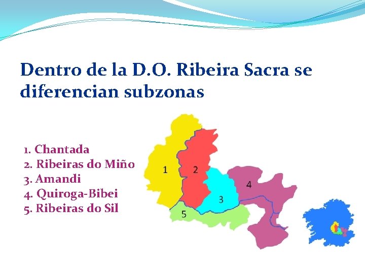 Dentro de la D. O. Ribeira Sacra se diferencian subzonas 1. Chantada 2. Ribeiras