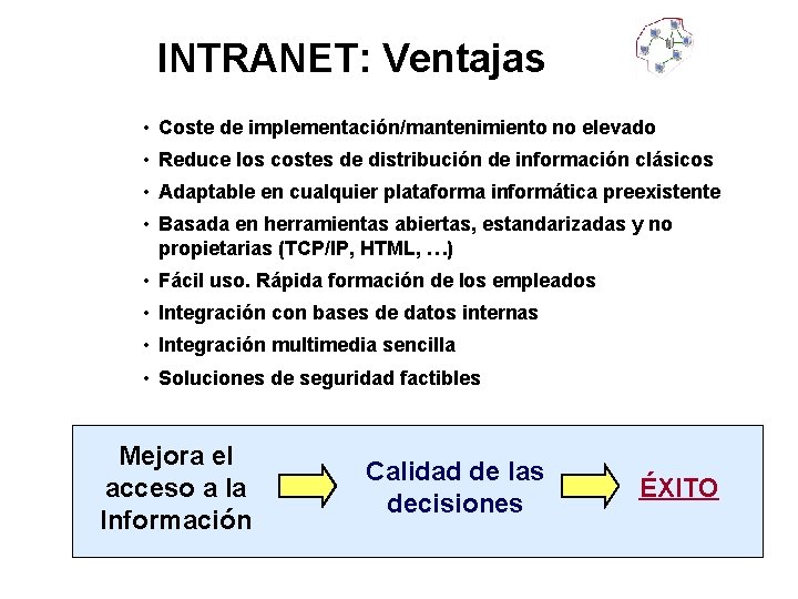 INTRANET: Ventajas • Coste de implementación/mantenimiento no elevado • Reduce los costes de distribución