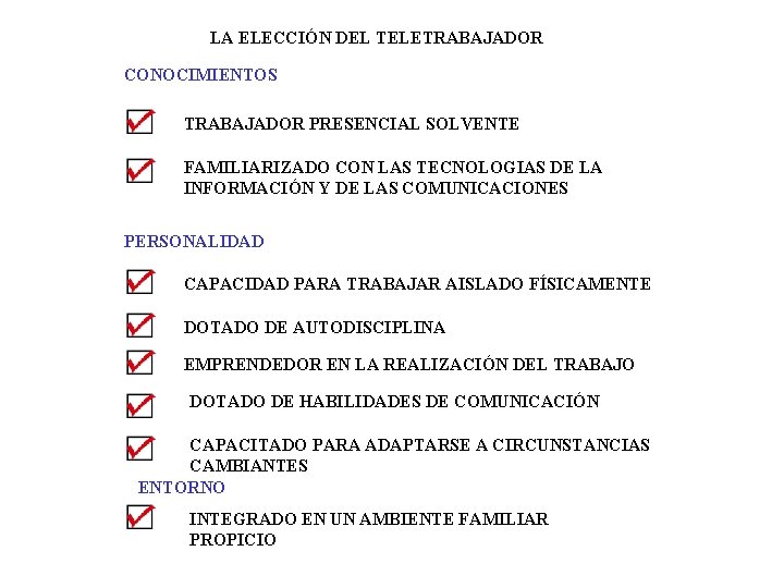 LA ELECCIÓN DEL TELETRABAJADOR CONOCIMIENTOS TRABAJADOR PRESENCIAL SOLVENTE FAMILIARIZADO CON LAS TECNOLOGIAS DE LA