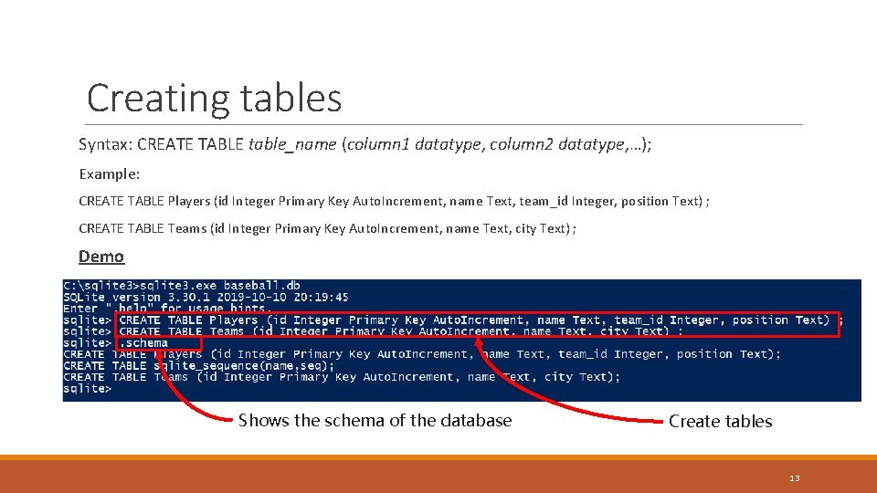 Creating tables Syntax: CREATE TABLE table_name (column 1 datatype, column 2 datatype, …); Example: Creating tables Syntax: CREATE TABLE table_name (column 1 datatype, column 2 datatype, …); Example:
