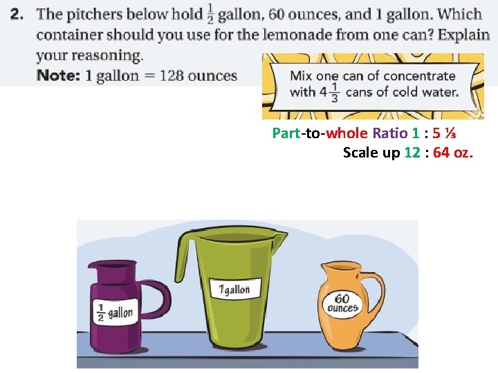 Part-to-whole Ratio 1 : 5 ⅓ Scale up 12 : 64 oz. 