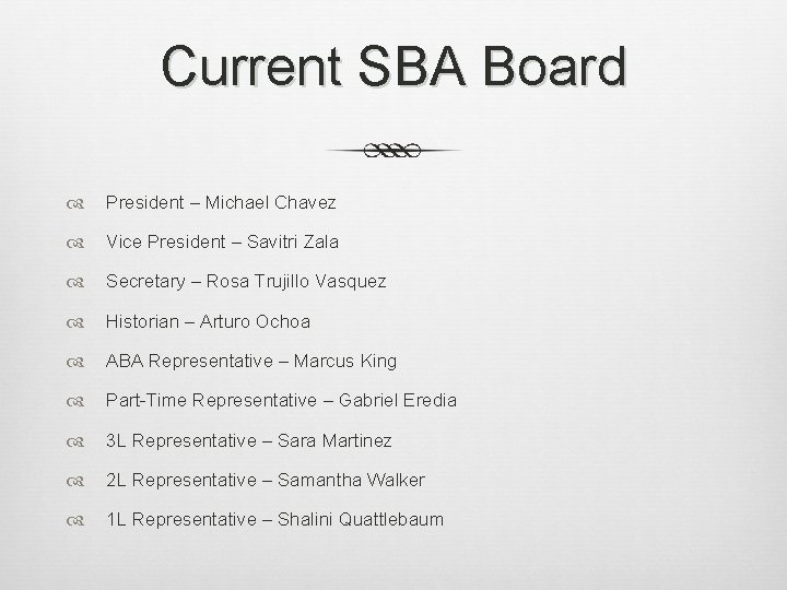 Current SBA Board President – Michael Chavez Vice President – Savitri Zala Secretary –