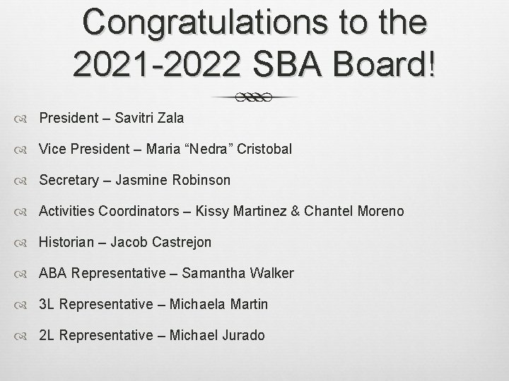 Congratulations to the 2021 -2022 SBA Board! President – Savitri Zala Vice President –