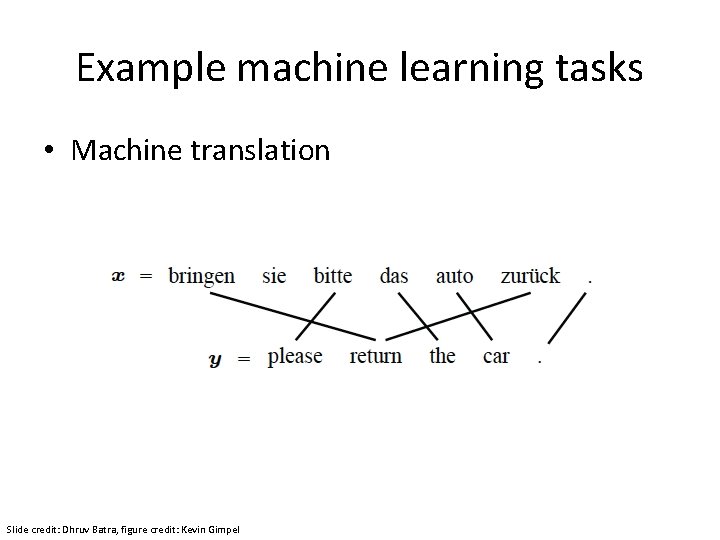 Example machine learning tasks • Machine translation Slide credit: Dhruv Batra, figure credit: Kevin