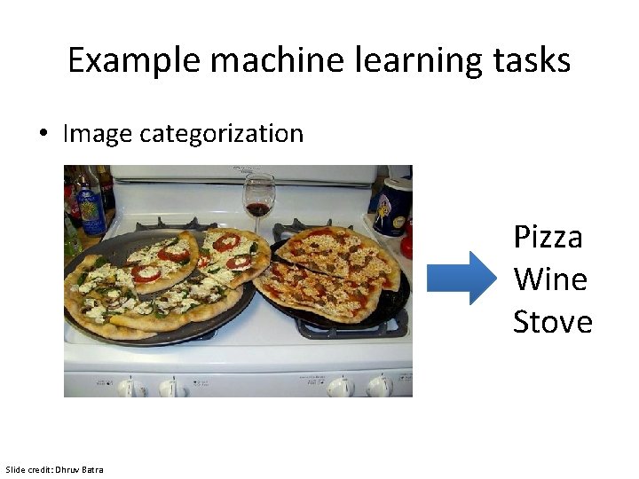 Example machine learning tasks • Image categorization Pizza Wine Stove Slide credit: Dhruv Batra