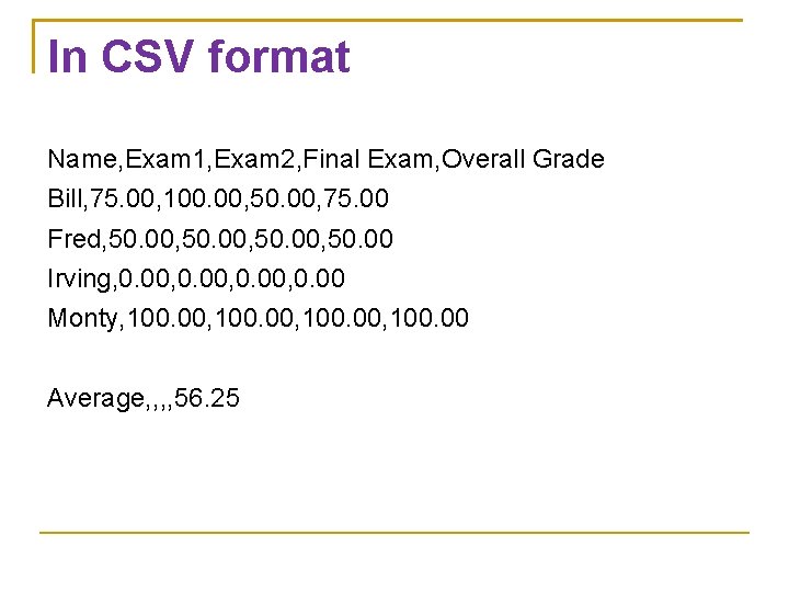 In CSV format Name, Exam 1, Exam 2, Final Exam, Overall Grade Bill, 75.