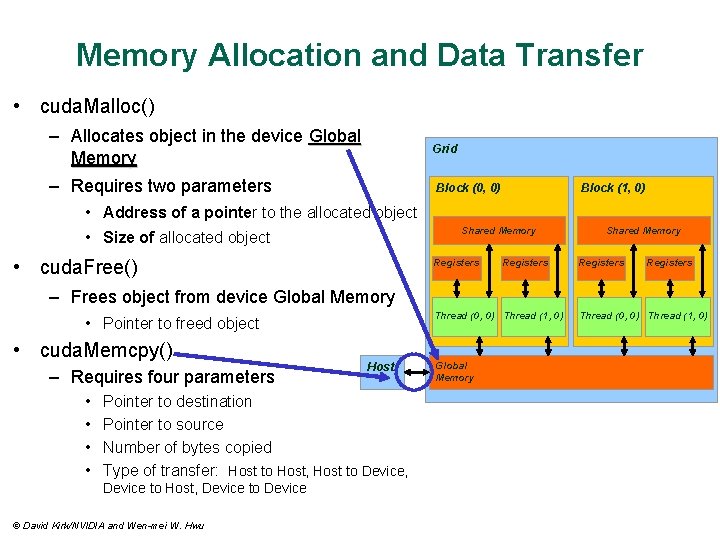 Memory Allocation and Data Transfer • cuda. Malloc() – Allocates object in the device