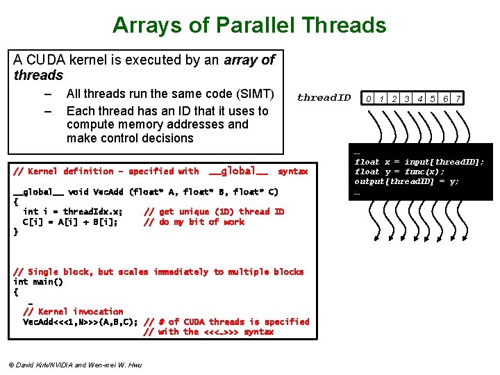 Arrays of Parallel Threads A CUDA kernel is executed by an array of threads