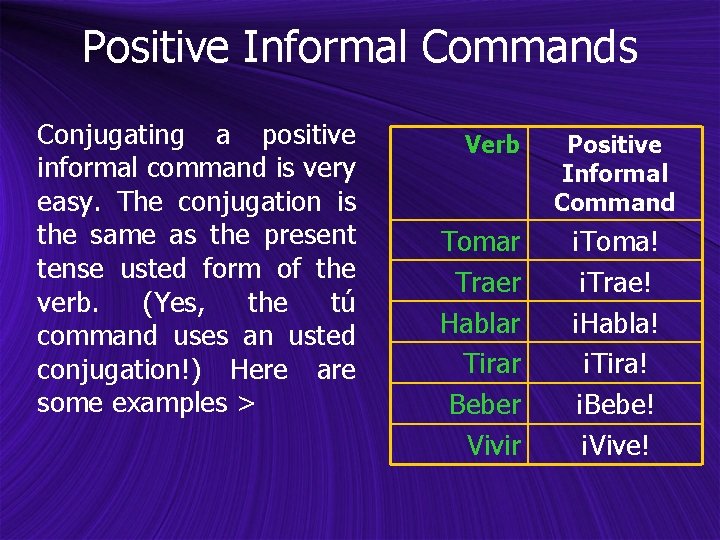 Positive Informal Commands Conjugating a positive informal command is very easy. The conjugation is