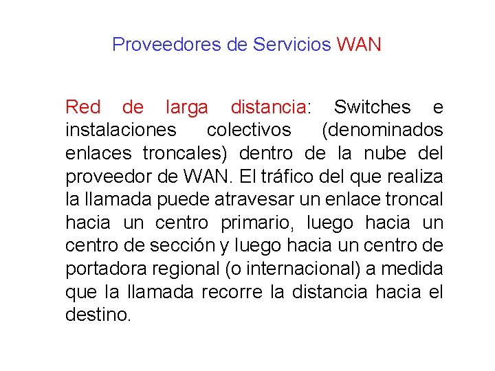 Proveedores de Servicios WAN Red de larga distancia: Switches e instalaciones colectivos (denominados enlaces